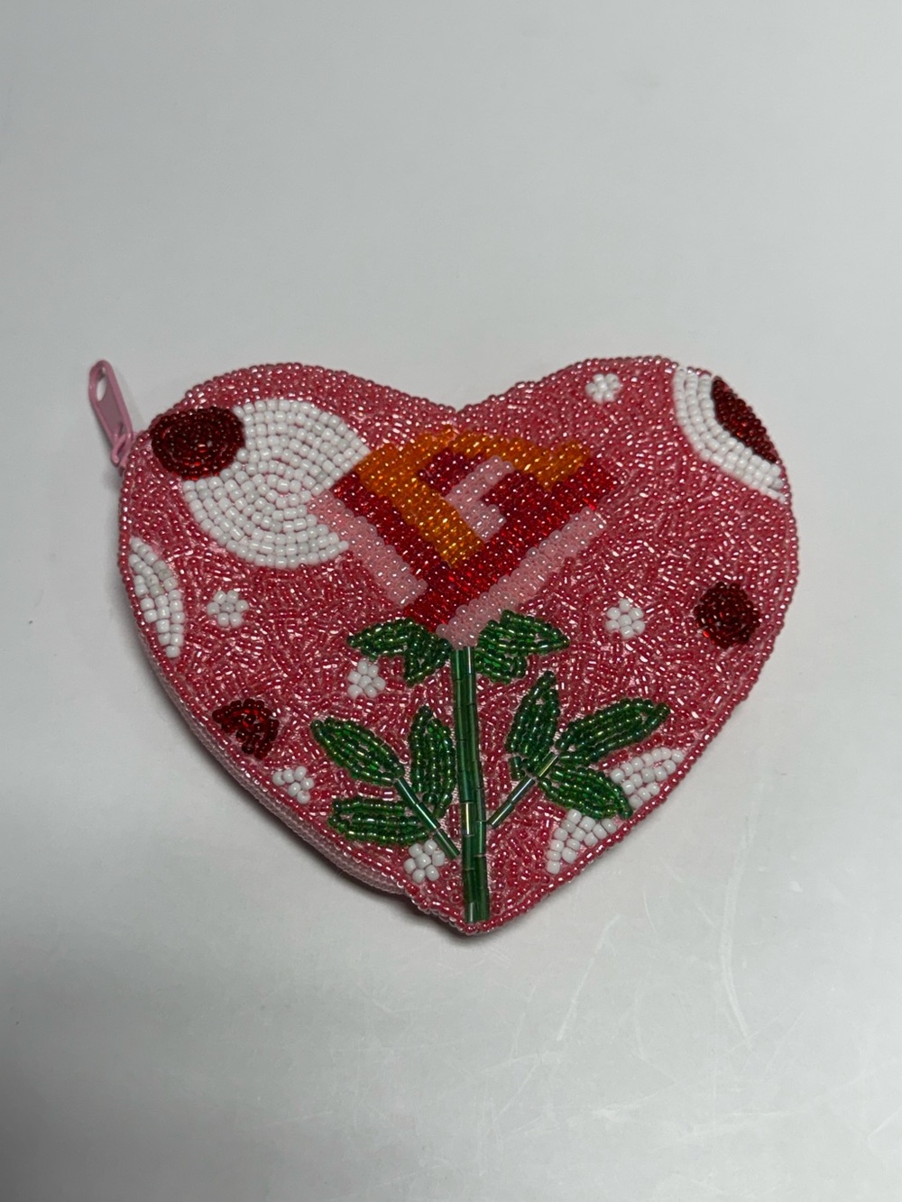 Lee Sands Hand Beaded Valentine’s Day Heart Coin Purse LOVE Rose Zip Pouch NWOT